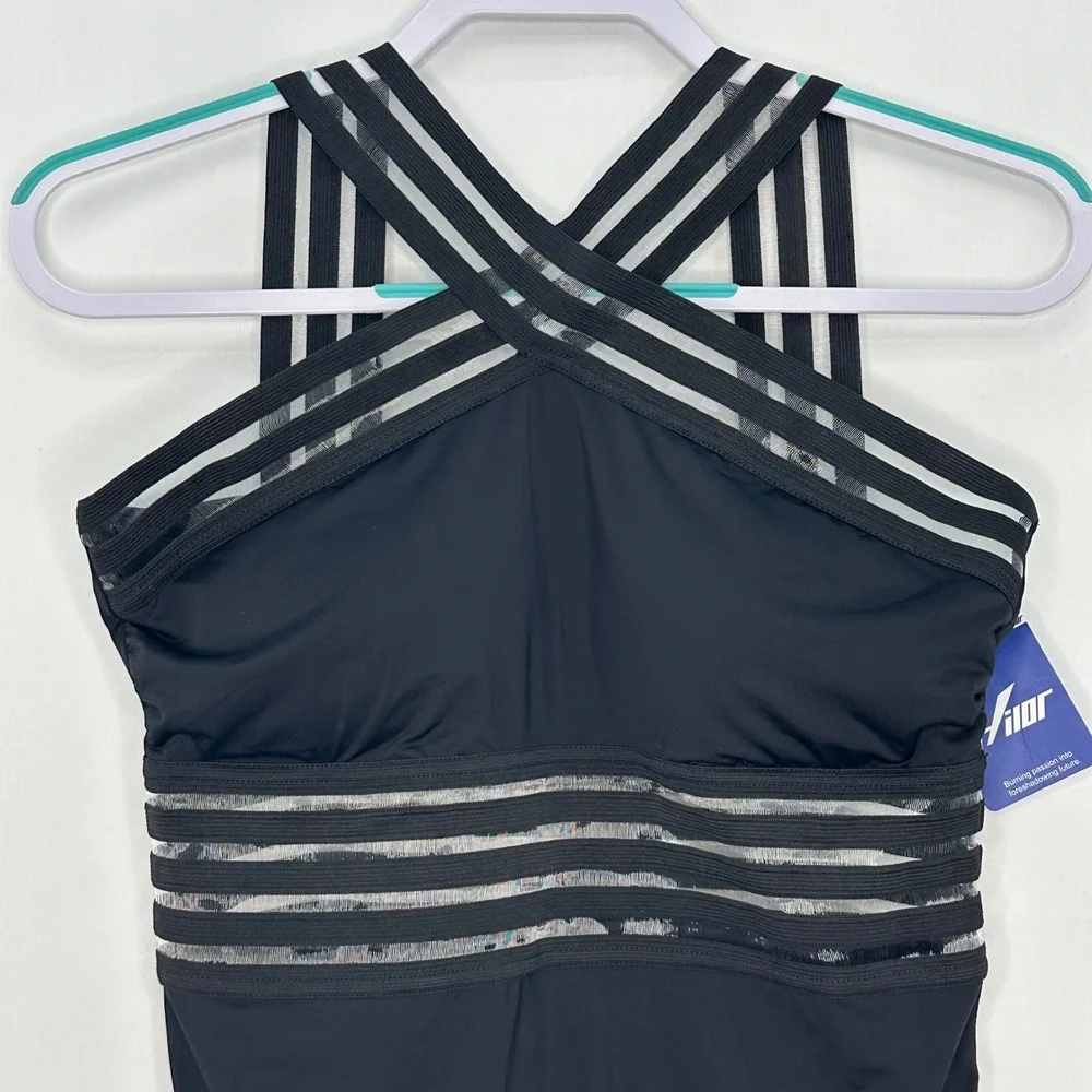 NWT Hilor Strappy Mesh Halter Cross Back One Piece Swimsuit L Black Sexy Minimal